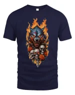 Flaming Wolf Skull Art Tee Dark Predator Graphic TShirt - navy t-shirt on white background