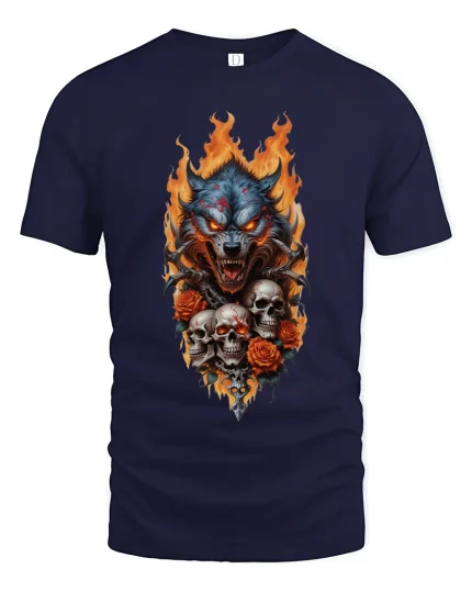 Flaming Wolf Skull Art Tee Dark Predator Graphic TShirt - navy t-shirt on white background