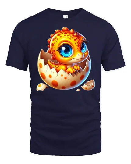Cute Baby Dragon Hatching Art Tee Adorable Fantasy Graphic TShirt - navy t-shirt on white background