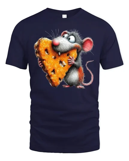 Funny Mouse Hugging Cheese Art Tee Cute Cartoon Graphic TShirt - navy t-shirt on white background