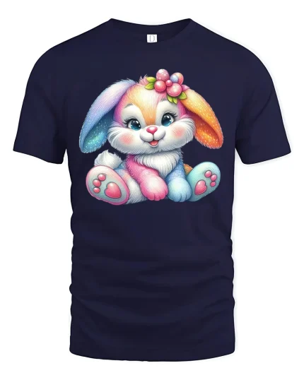 Cute Pastel Bunny Art Tee Adorable Rainbow Rabbit Graphic TShirt - navy t-shirt on white background