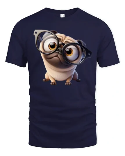 Funny Nerd Pug With Glasses Tee Cute Dog Cartoon Graphic TShirt - navy t-shirt on white background