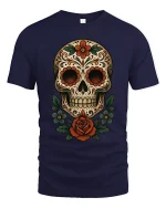 Floral Sugar Skull Art Tee Day Of The Dead Style Graphic TShirt - navy t-shirt on white background