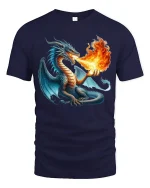 Fire Breathing Dragon Fantasy Art Tee Epic Power Graphic TShirt - navy t-shirt on white background