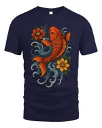 Lucky Koi Fish Floral Art Tee Japanese Style Graphic TShirt - navy t-shirt on white background