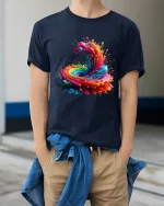 Color Explosion Abstract Art Tee Psychedelic Paint Swirl T-Shirt - model wearing navy tee with hands in pockets