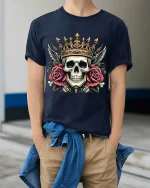 Royal Skull With Crown And Roses Art Tee Bold Graphic TShirt - model wearing navy tee with hands in pockets