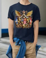 Royal Heraldic Crest Emblem Art Tee Luxury Vintage Graphic TShirt - model wearing navy tee with hands in pockets