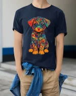 Colorful Psychedelic Puppy Art Tee Cute Rainbow Dog Graphic TShirt - model wearing navy tee with hands in pockets