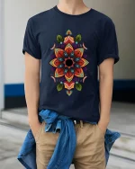 Colorful Mandala Flower Art Tee Sacred Geometry Graphic TShirt - model wearing navy tee with hands in pockets