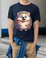 Cute Rainbow Hedgehog Art Tee Happy Colorful Animal Graphic TShirt - model wearing navy tee with hands in pockets