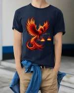 Flaming Phoenix Balance Art Tee Fire Bird Symbol Graphic TShirt - model wearing navy tee with hands in pockets