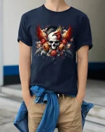 Phoenix Skull Floral Art Tee Dark Fantasy Fire Graphic TShirt - model wearing navy tee with hands in pockets