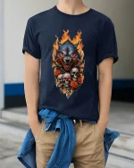 Flaming Wolf Skull Art Tee Dark Predator Graphic TShirt - model wearing navy tee with hands in pockets