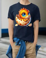 Cute Baby Dragon Hatching Art Tee Adorable Fantasy Graphic TShirt - model wearing navy tee with hands in pockets