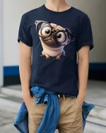 Funny Nerd Pug With Glasses Tee Cute Dog Cartoon Graphic TShirt - model wearing navy tee with hands in pockets