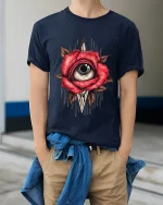 Mystic Rose Eye Surreal Art Tee Dark Symbolic Graphic TShirt - model wearing navy tee with hands in pockets