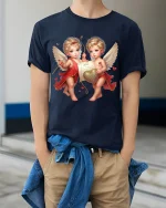 Cute Cherub Angels Love Art Tee Romantic Heart Graphic TShirt - model wearing navy tee with hands in pockets