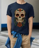 Floral Sugar Skull Art Tee Day Of The Dead Style Graphic TShirt - model wearing navy tee with hands in pockets