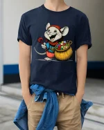 Happy Cartoon Mouse Candy Collector Art Tee Cute Graphic TShirt - model wearing navy tee with hands in pockets