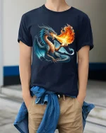 Fire Breathing Dragon Fantasy Art Tee Epic Power Graphic TShirt - model wearing navy tee with hands in pockets