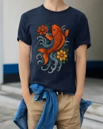 Lucky Koi Fish Floral Art Tee Japanese Style Graphic TShirt - model wearing navy tee with hands in pockets