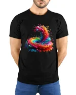 Color Explosion Abstract Art Tee Psychedelic Paint Swirl T-Shirt - model wearing black tee with hands behind back