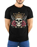 Royal Skull With Crown And Roses Art Tee Bold Graphic TShirt - model wearing black tee with hands behind back