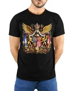 Royal Heraldic Crest Emblem Art Tee Luxury Vintage Graphic TShirt - model wearing black tee with hands behind back