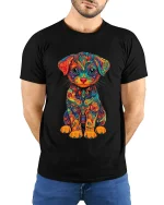 Colorful Psychedelic Puppy Art Tee Cute Rainbow Dog Graphic TShirt - model wearing black tee with hands behind back
