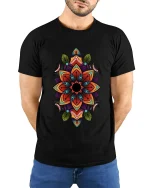 Colorful Mandala Flower Art Tee Sacred Geometry Graphic TShirt - model wearing black tee with hands behind back