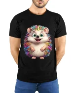 Cute Rainbow Hedgehog Art Tee Happy Colorful Animal Graphic TShirt - model wearing black tee with hands behind back