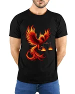 Flaming Phoenix Balance Art Tee Fire Bird Symbol Graphic TShirt - model wearing black tee with hands behind back
