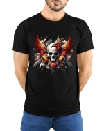Phoenix Skull Floral Art Tee Dark Fantasy Fire Graphic TShirt - model wearing black tee with hands behind back