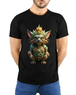 Mystical Forest Creature Guardian Art Tee Fantasy Graphic TShirt - model wearing black tee with hands behind back