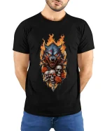 Flaming Wolf Skull Art Tee Dark Predator Graphic TShirt - model wearing black tee with hands behind back