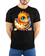 Cute Baby Dragon Hatching Art Tee Adorable Fantasy Graphic TShirt - model wearing black tee with hands behind back