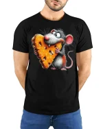 Funny Mouse Hugging Cheese Art Tee Cute Cartoon Graphic TShirt - model wearing black tee with hands behind back