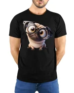 Funny Nerd Pug With Glasses Tee Cute Dog Cartoon Graphic TShirt - model wearing black tee with hands behind back