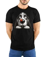 Cute Puppy With Ladybug Nose Tee Adorable Dog Cartoon Graphic TShirt - model wearing black tee with hands behind back