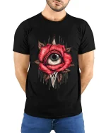 Mystic Rose Eye Surreal Art Tee Dark Symbolic Graphic TShirt - model wearing black tee with hands behind back