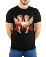 Cute Cherub Angels Love Art Tee Romantic Heart Graphic TShirt - model wearing black tee with hands behind back