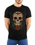 Floral Sugar Skull Art Tee Day Of The Dead Style Graphic TShirt - model wearing black tee with hands behind back