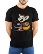 Happy Cartoon Mouse Candy Collector Art Tee Cute Graphic TShirt - model wearing black tee with hands behind back