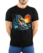 Fire Breathing Dragon Fantasy Art Tee Epic Power Graphic TShirt - model wearing black tee with hands behind back