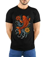 Lucky Koi Fish Floral Art Tee Japanese Style Graphic TShirt - model wearing black tee with hands behind back