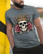 Royal Skull With Crown And Roses Art Tee Bold Graphic TShirt - model wearing grey tee, leaning on column