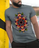 Colorful Mandala Flower Art Tee Sacred Geometry Graphic TShirt - model wearing grey tee, leaning on column