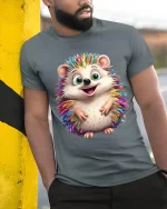 Cute Rainbow Hedgehog Art Tee Happy Colorful Animal Graphic TShirt - model wearing grey tee, leaning on column