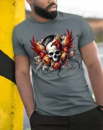 Phoenix Skull Floral Art Tee Dark Fantasy Fire Graphic TShirt - model wearing grey tee, leaning on column